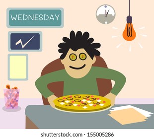 Businessman having lunch with pizza and idea bulbs in the office.