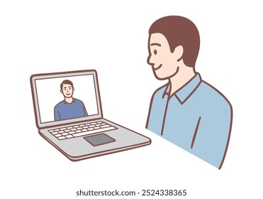 businessman having  meeting call chatting with diverse people in customer support. Video conference call on computer notebook. Hand drawn style vector design illustrations.