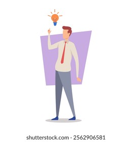Businessman having new idea vector illustration. Male cartoon character in white shirt and tie and lightbulb on background. Business, startup, new project concept