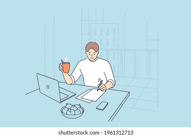Businessman Having New Ideas Concept. Young Positive Businessman Cartoon Character Sitting At Desk Thinking Of New Projects Writing Down Ideas In Office Vector Illustration 