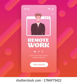 businessman having online consultation during video call remote work quarantine isolation concept guy in web browser window smartphone screen portrait vector illustration