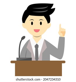 Businessman having speech with people, he pointing his finger and explain what he wants to talk. teacher lecturing students cartoon vector.