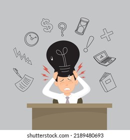 Businessman having trouble with thinking with unlit incandescent bulb above, no idea concept, illustrator vector cartoon drawing image painting