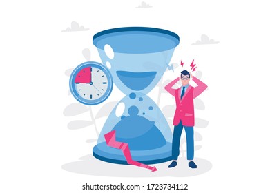 Businessman having troubles with managing time. Vector illustration for web banner, infographics, mobile. Business deadline,  troubles with tome management. 