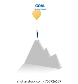 Businessman having unique creative idea for solution. Think outside by flying with balloon from the top of mountain. Vector illustration. 