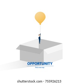 Businessman having unique creative idea for solution. Think outside the box by flying with balloon . Vector illustration. 
