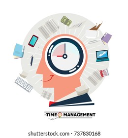 Businessman head with clock inside and blowing stationary and paper. Time management concept - vector illustration