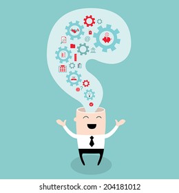 Businessman head with the gears, thoughts and ideas. Brain storming, successful business idea concept. Vector illustration