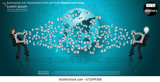 Businessman and   Businessman Head Light bulbs Magnet suck money, Background  Calculate numbers, graph - modern Idea and Concept Vector illustration Business Infographic template.