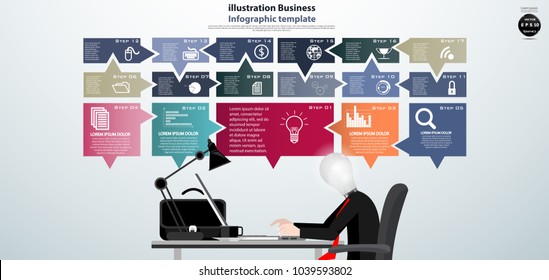 Businessman Head Light bulbs   Using  Laptop - Speech bubbles 17  Step Colorful  -  Modern design Idea and Concept Vector illustration business Infographic template.