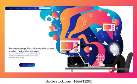 businessman head light bulbs  using  laptop.  business startup  Illustration creative process modern design idea  concept vector  infographic template.