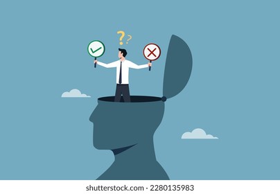 Businessman in the head making decision between right or wrong, solve a problem, decide and dilemma, decision making or logical thinking, correct or incorrect option, critical thinking