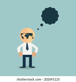 Businessman head with world map as a face. Worldwide and innovation concept