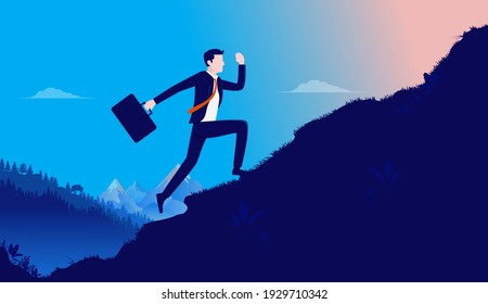 Businessman heading for the top - Ambitious man running up mountain hill to reach the peak. Business aspiration and motivation concept. Vector illustration.