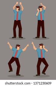 Businessman with headphone dancing and enjoying to the music. Concept of enjoyment while working. Isolated vector illustration