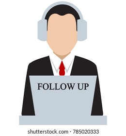 Businessman In Headphones. Business Illustration With The Inscription:follow Up