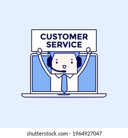 Empresario con auriculares en un concepto de ordenador, servicio al cliente y asistencia técnica. Caracteres de dibujos animados vector de estilo de línea delgada.