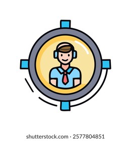 Businessman with headset line icon. Vector illustration, flat design.