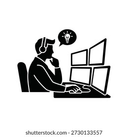 Businessman with headset working on computer with multiple screens and idea lightbulb