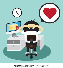 Businessman and heart in bubble talk message.