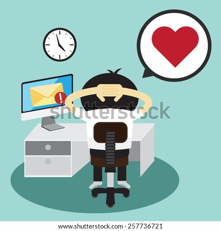 Businessman and heart in bubble talk message.