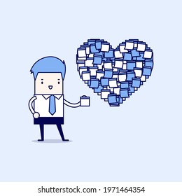 Businessman with Heart shape sticky notes. Cartoon character thin line style vector.
