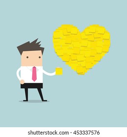 Businessman with Heart shape yellow sticky notes. vector