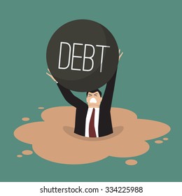 Businessman with heavy debt sinking in a quicksand. Business concept