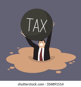 Businessman with heavy tax sinking in a quicksand. Business concept