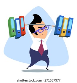 Businessman heavyweight raises the bar with documents. The image of business as a sport. Businessman in sports situations