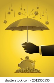 A businessman held an umbrella to protect piggy bank from the COVID-19. Saving money concept stock illustration