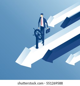 Businessman at the helm of rides on the arrow. An employee flies on top arrow isometric illustration. Business concept of control and right direction