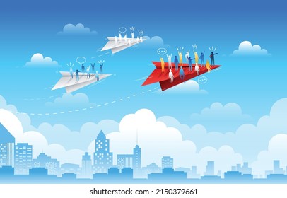 Businessman at the helm stands at the head of a squadron of paper airplanes. Isometric employee behind the wheel and riding on a flying paper plane. Business concept leadership