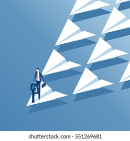 Businessman at the helm stands at the head of a squadron of paper airplanes. Isometric employee behind the wheel and riding on a flying paper plane. Business concept leadership