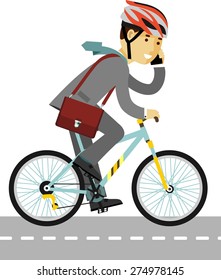 Businessman in helmet with briefcase and smartphone riding a bike isolated on white background in flat style