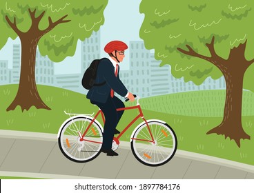 Businessman in helmet rides on bike to work. Office worker with backpack on bicycle in the city park.