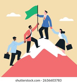 Businessman help colleague reach mountain top holding flag symbolizing leadership and teamwork success, business or professional help and trust 