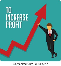 Businessman help at growing chart. Vector illustration. Business development, increase in profit.