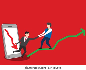 Businessman help partner go to on graph flat character. Vector of business stock concept.