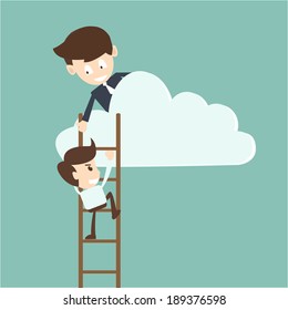 Businessman help to pull another from bottom of cloud 