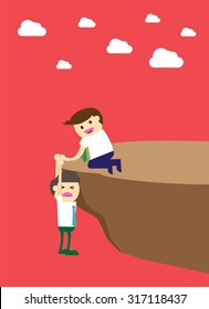 Businessman help to pull another from bottom of cliff. Cartoon flat design