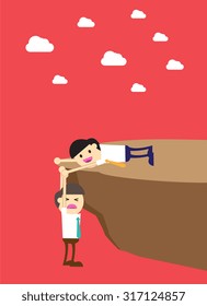 Businessman help to pull another from bottom of cliff. Cartoon flat design