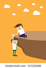 Businessman help to pull another from bottom of cliff. Cartoon flat design