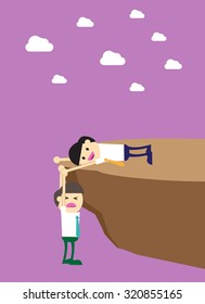Businessman help to pull another from bottom of cliff. Cartoon flat design
