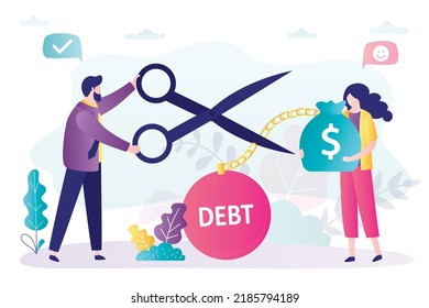 Businessman helped girl get out of debt. Man cuts chain with load with large scissors. Guy helped debtor to solve financial problems. Woman freed from monetary obligations. Flat vector illustration