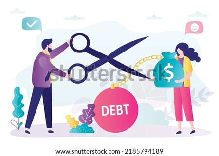 Businessman helped girl get out of debt. Man cuts chain with load with large scissors. Guy helped debtor to solve financial problems. Woman freed from monetary obligations. Flat vector illustration