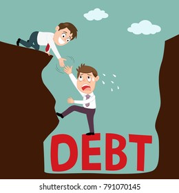 Businessman helping another businessman climb up from debt hole, illustration vector cartoon