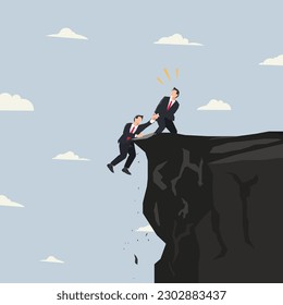 Businessman helping another businessman the cliff  Help each other in business concept illustration