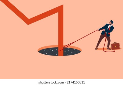 Businessman helping arrow chart falling into a black hole as the stock market is turning down. The stock market crashed during a crisis or the bubble burst. Investment risk or economic recession. 