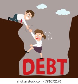 Businessman helping businesswoman climb up from debt hole, illustration vector cartoon